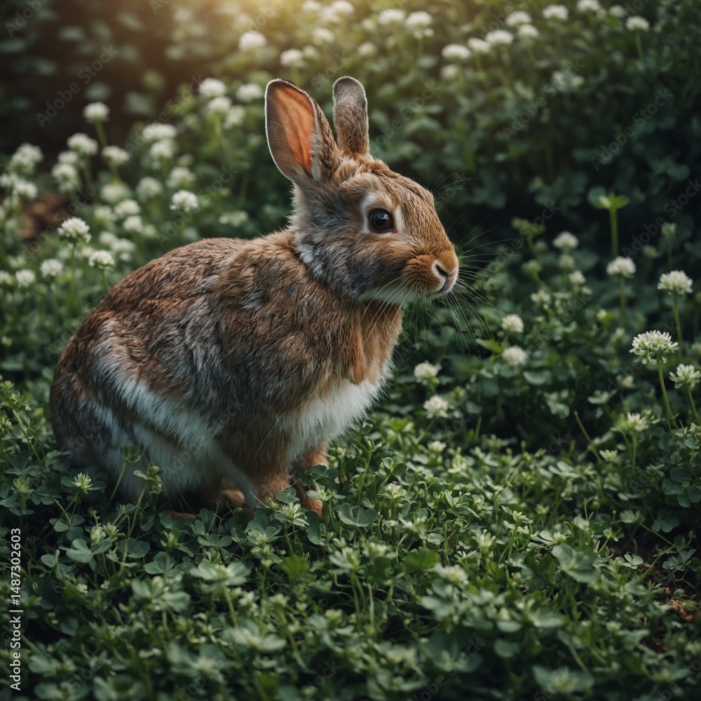 Fototapeta premium A rabbit in garden clover, clean style