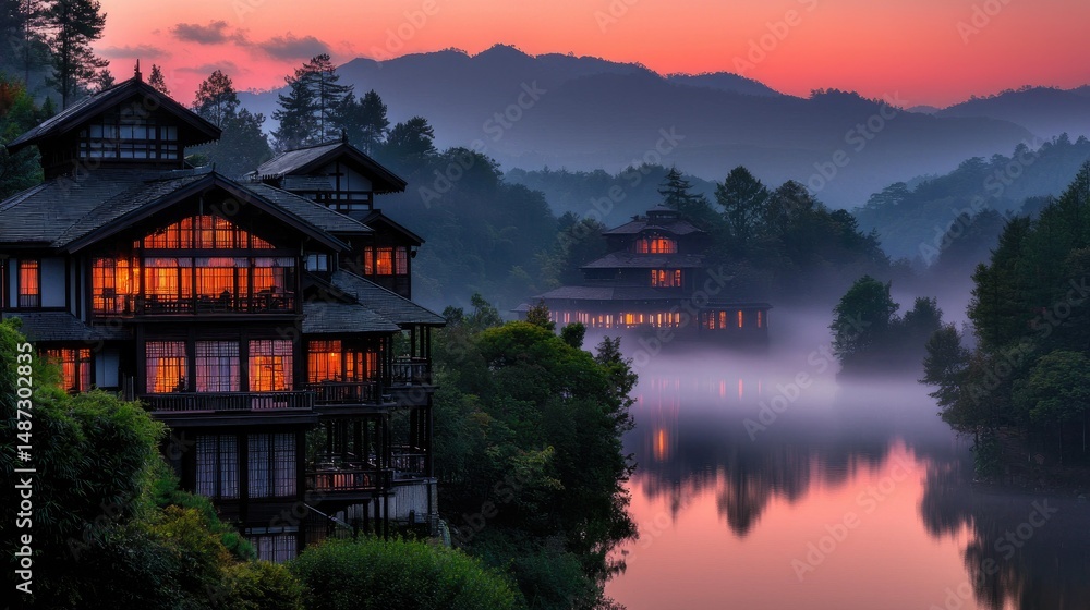 Fototapeta premium Luxury lakefront homes illuminated by soft warm lights during dusk
