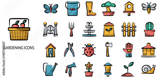 Gardening simple concept 24 hand drawn color icons set .Vector illustration.
