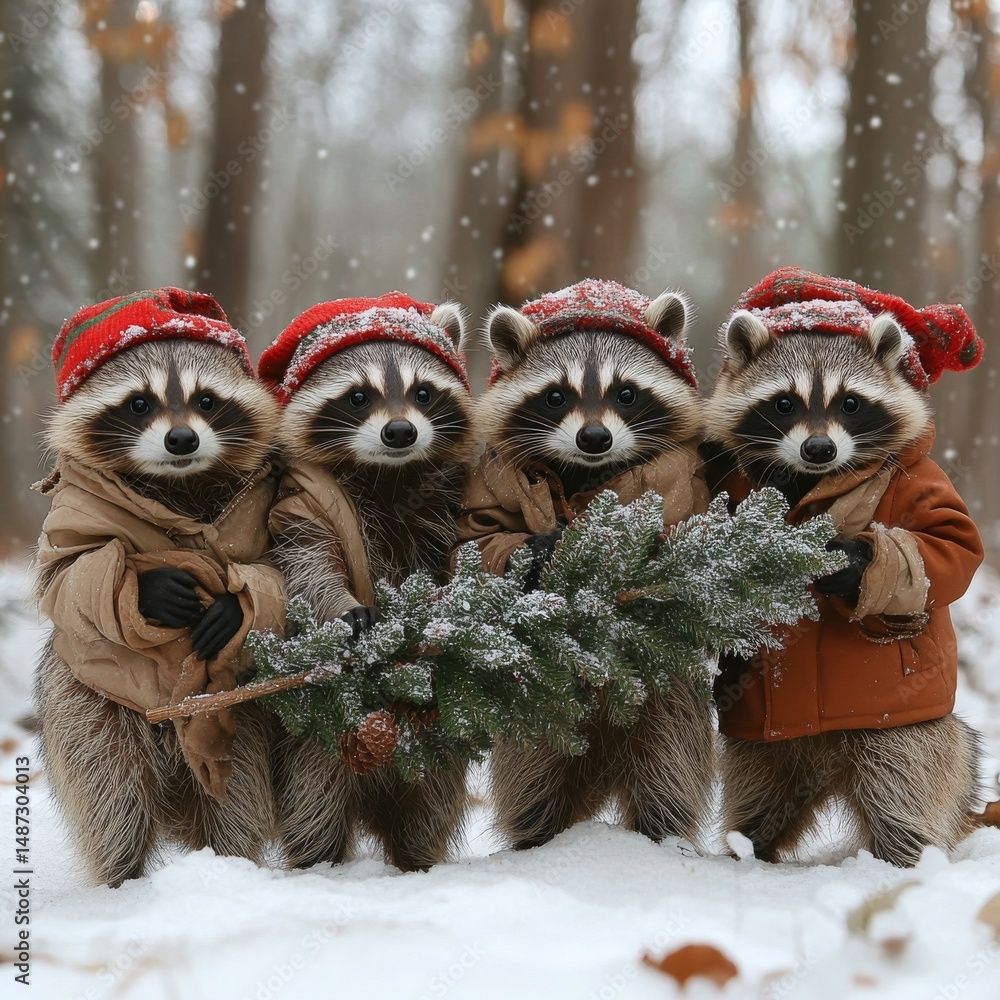 Festive Raccoon Family: A Charming Winter Scene of Four Raccoons in Red Hats and Jackets Gathering a Christmas Tree Branch in a Snowy Forest Setting. Festive Raccoon Family: A Charming Winter Scene of Four Raccoons in Red Hats and Jackets Gathering a Christmas Tree Branch in a Snowy Forest Setting.
