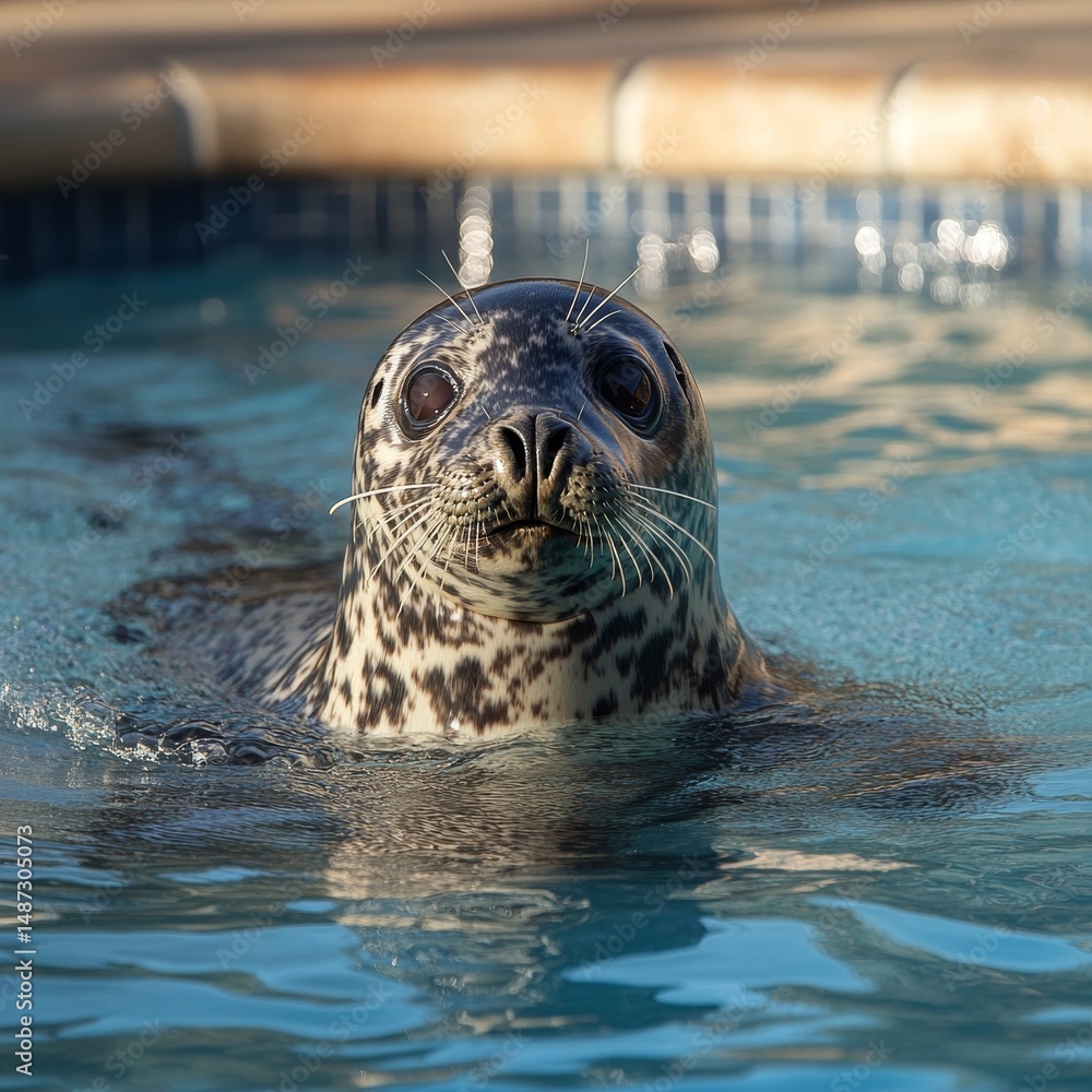 Fototapeta premium Harbor Seal's Curious Gaze: A Close-Up Portrait in Tranquil Waters, Revealing the Beauty and Grace of Marine Wildlife in a Serene Aquatic Environment