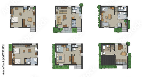 Top view of house floor plans in different layouts