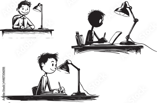 "Cartoon Boy Studying at Desk Vector Illustration"