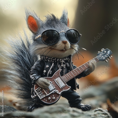 Squirrel Rockstar: A Wild Gig in the Woods - A charming squirrel, decked out in rockstar attire, shreds on his guitar amidst a natural woodland setting, ready to electrify the forest.