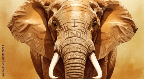 Close-up of a Majestic Elephant with Tusks Watercolor Painting Style