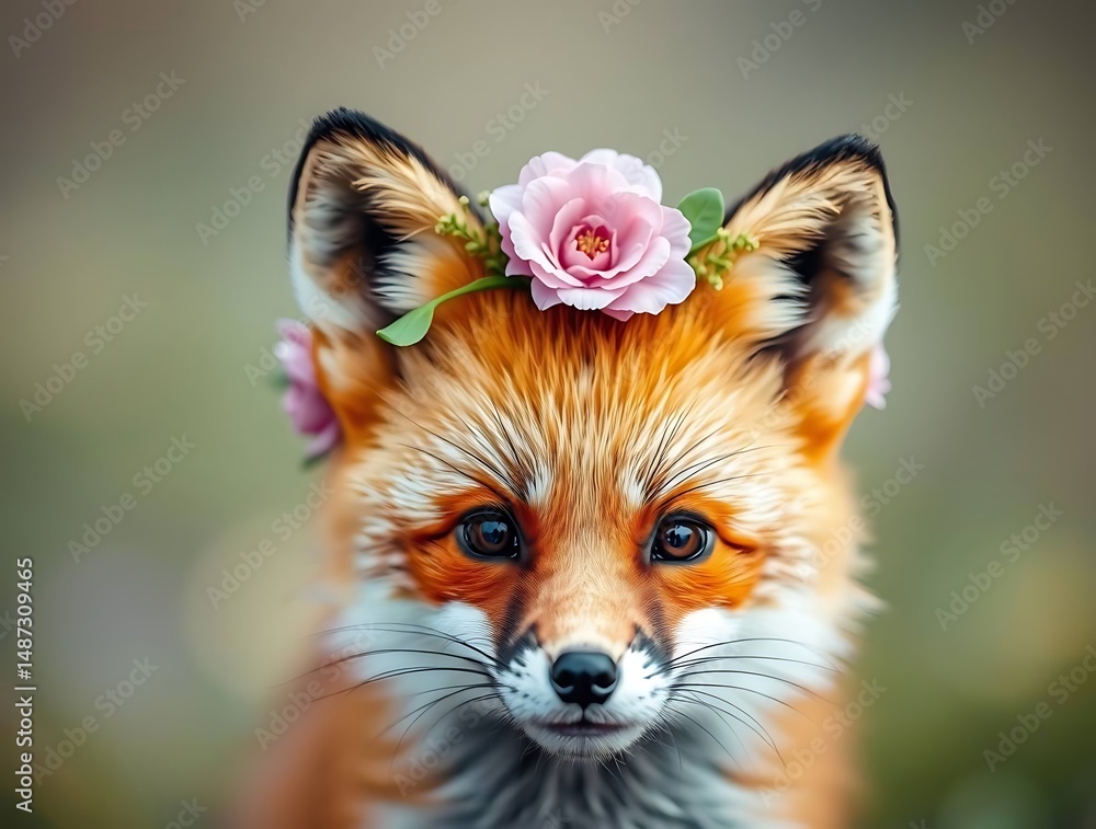 Obraz premium Red Fox Flower Crown Portrait.