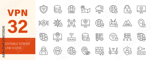 VPN icon set. Containing Virtual Private Network, secure connection, cyber security, privacy, online protection, firewall, password and more. Editable line icons. Vector illustration. 