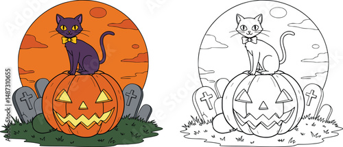 Halloween illustration featuring black cat on jack-o'-lantern with graveyard background in color and outline for coloring pages