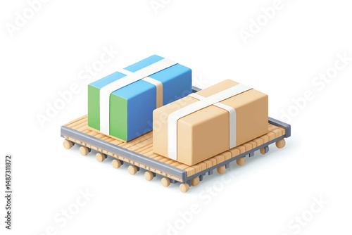 "Isometric warehouse conveyor belts with green and blue boxes on wooden pallets, modern logistics and packaging system, 3D vector illustration"

