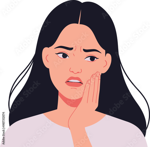 Young Woman Holding Cheek in Pain – Toothache and Dental Health Issue Flat Vector Illustration