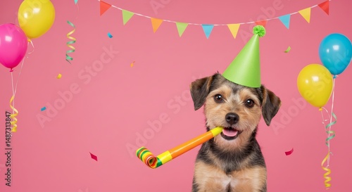 Adorable Dog Celebrating Birthday with Party Hat Balloons and Confetti