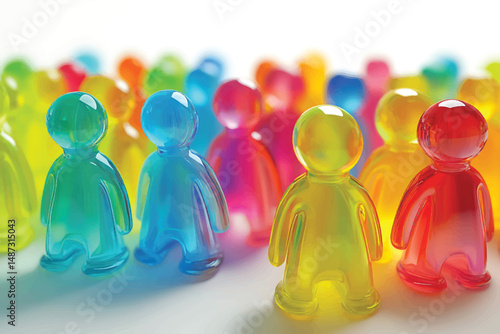 "Vibrant translucent colorful human-shaped figurines grouped together representing diversity, community, and teamwork"

