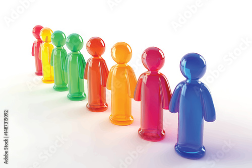"Vibrant translucent colorful human-shaped figurines grouped together representing diversity, community, and teamwork"

