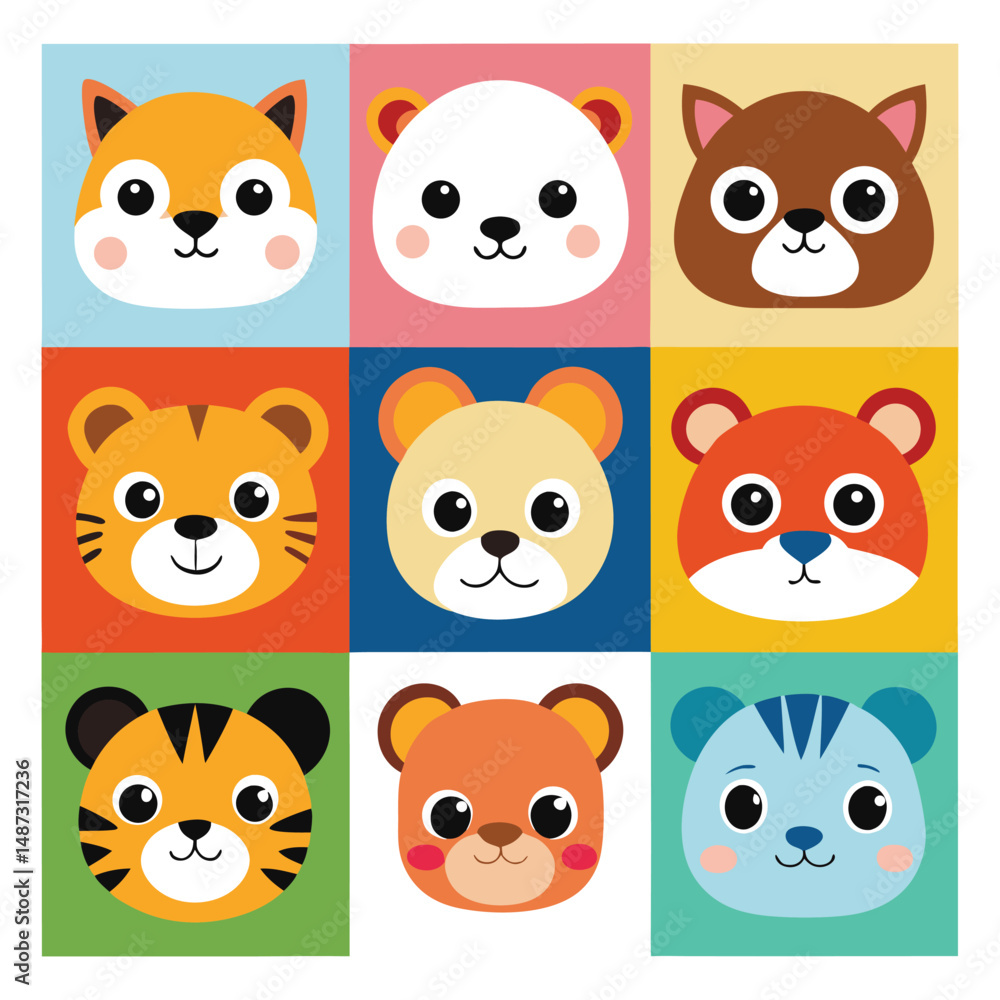 Colorful animal faces arranged in a ninesquare grid showcases diverse cartoon critters with unique expressions Colorful animal faces arranged in a ninesquare grid showcases diverse cartoon critters with unique expressions
