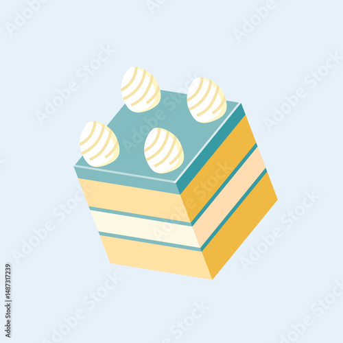 Isometric lemon cake with mint glaze and whipped cream graphic illustration icon line vector 2d style