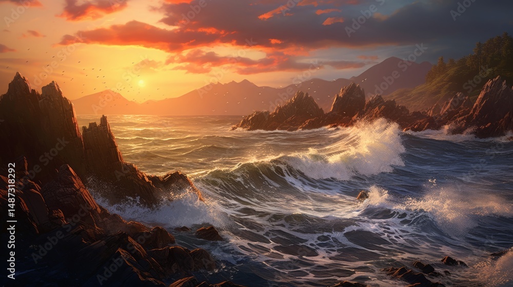 Fototapeta premium A Dramatic Rocky Coastline During Sunset with Crashing Ocean Waves and Vibrant Sky in Coastal Landscape Scene