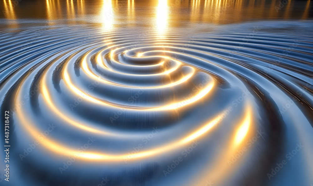 Fototapeta premium Serene sunset ripples on calm water, golden light reflecting on concentric circles, peaceful water surface.