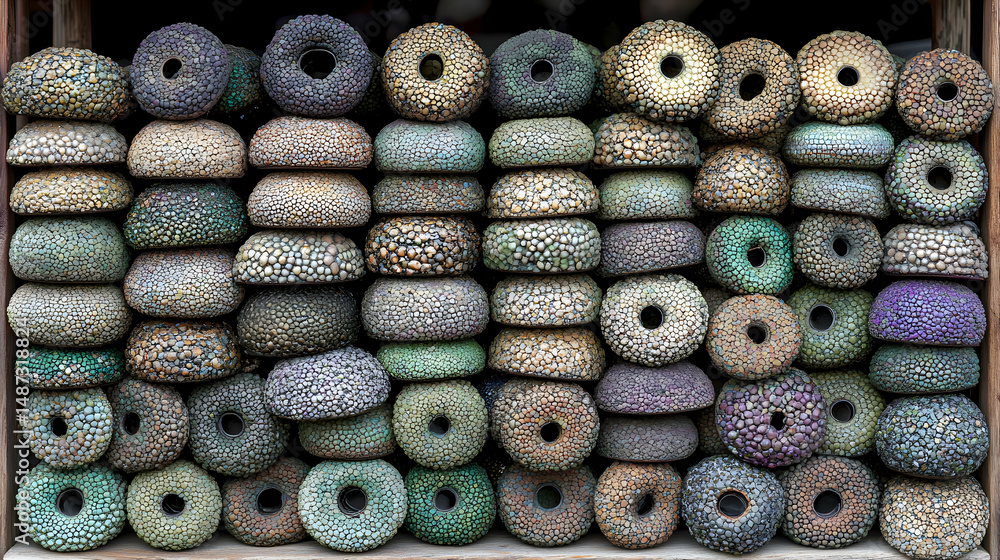 A close-up shot of numerous intricately textured, multicolored ceramic donut-shaped objects stacked neatly on a wooden shelf, creating a visually appealing and textured pattern. A close-up shot of numerous intricately textured, multicolored ceramic donut-shaped objects stacked neatly on a wooden shelf, creating a visually appealing and textured pattern.