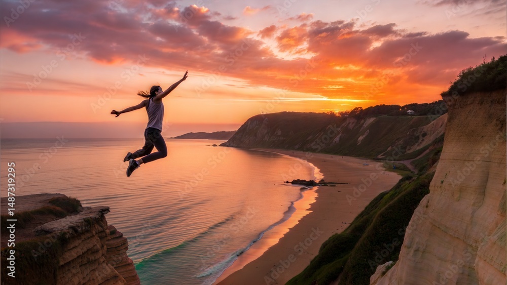 Fototapeta premium Sunset Cliff Jump into Ocean, Summer Adventure 