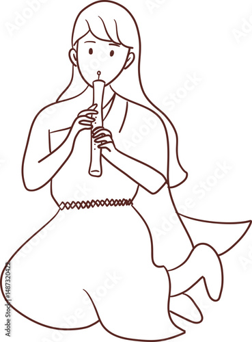 Tradition Thai girl playing pi nok or pi nai or pi klang outline clipart