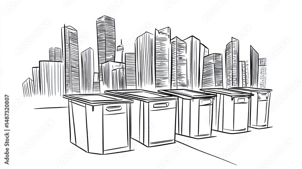 Obraz premium Cityscape sketch with trash bins. Background use