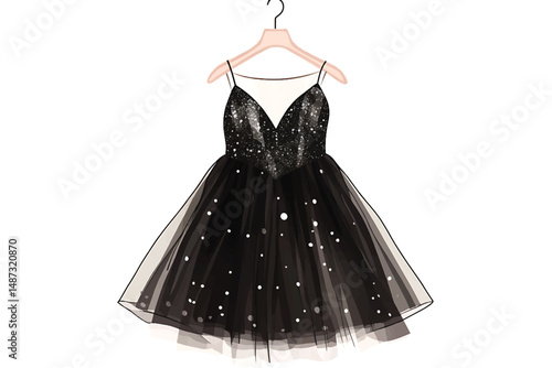 Elegant black tulle dress with spaghetti straps, adorned with sparkling sequins and delicate polka dots. Perfect for parties, formal events, cocktail nights, and special occasions with a flattering fi