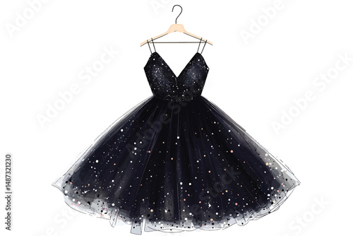 Elegant black tulle dress with spaghetti straps, adorned with sparkling sequins and delicate polka dots. Perfect for parties, formal events, cocktail nights, and special occasions with a flattering fi