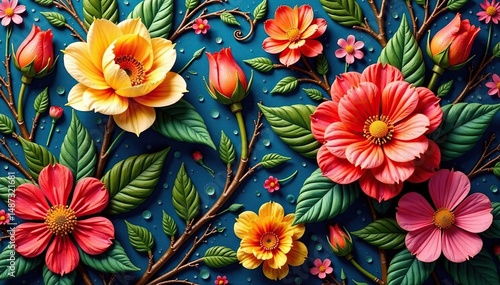 Intricate woven floral tapestry, rich textures , blossom, seamless, background