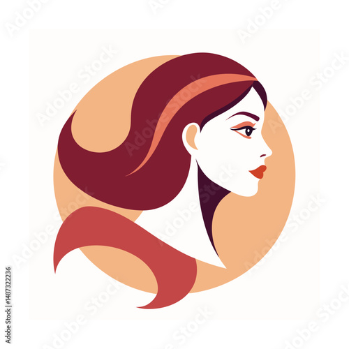 Elegant vector illustration of a stylish woman in profile with crimson hair and lipstick