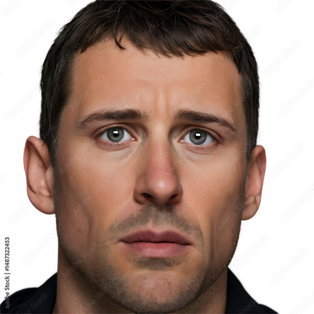 Fototapeta premium Confident Man with Serious Expression | Studio Portrait of Male Model with Expressive Eyes and Strong Jawline