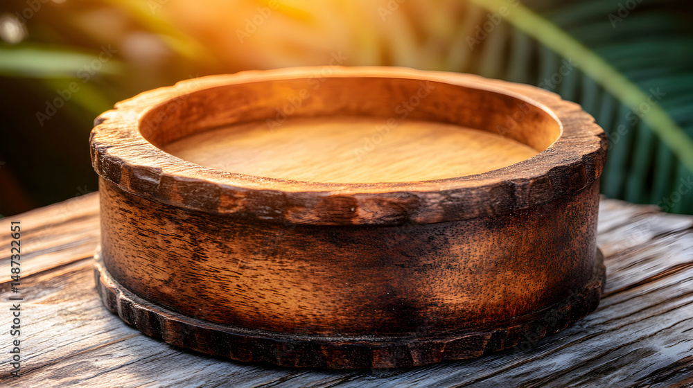 Rustic wooden bowl on weathered wood, bathed in sunlight, ideal for product display or rustic themed designs. Rustic wooden bowl on weathered wood, bathed in sunlight, ideal for product display or rustic themed designs.
