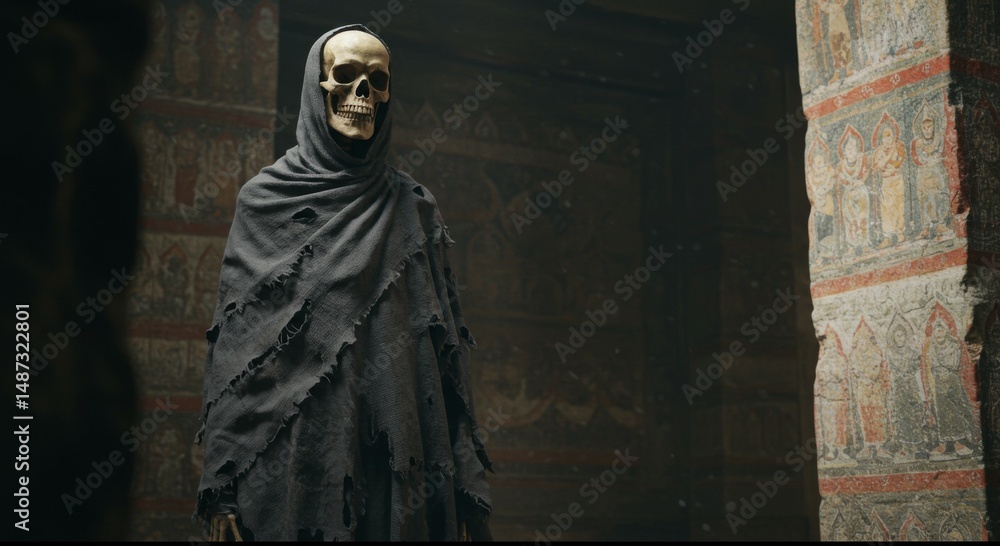 Fototapeta premium Hooded Skeleton Figure in Ancient Building Interior
