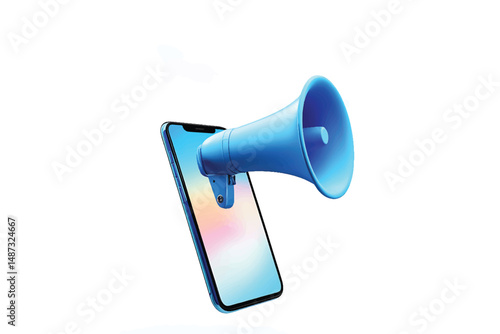 Isolated blue loudspeaker on white for loud voice announcement