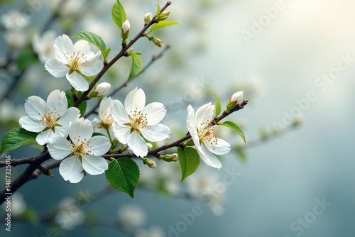 Intricate sakura branch pattern, white blossoms, green leaves , pretty, motif, clean