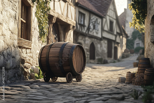 Old wooden wine barrels stored in a dark vintage cellar for aging and storage
