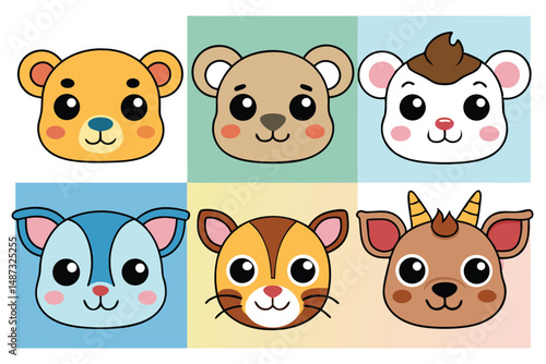 Six charming cartoon animal faces appear in a colorful grid arrangement on a background