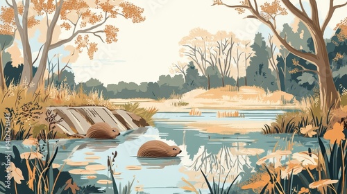 Serene river landscape with trees rocks and vegetation in soft pastel colors.