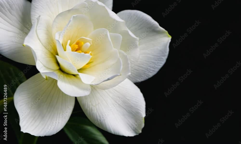Close-up of a pristine white flower with delicate petals against a dark background, showcasing its beauty Close-up of a pristine white flower with delicate petals against a dark background, showcasing its beauty