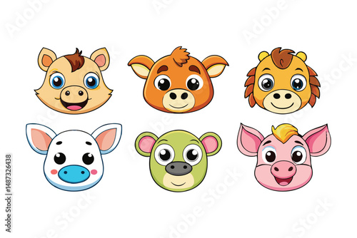 Six cute cartoon animal heads display big smiles on a clean white background