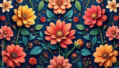 Intricate floral textile design, repeating motif, art, summer