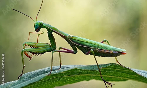 Wallpaper Mural Close-up of a vibrant green praying mantis perched on a leaf in a lush, blurred natural setting Torontodigital.ca
