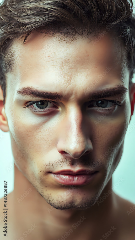 Fototapeta premium Close-Up Portrait of Male Model with Expressive Blue Eyes and Serious Expression in Studio Lighting