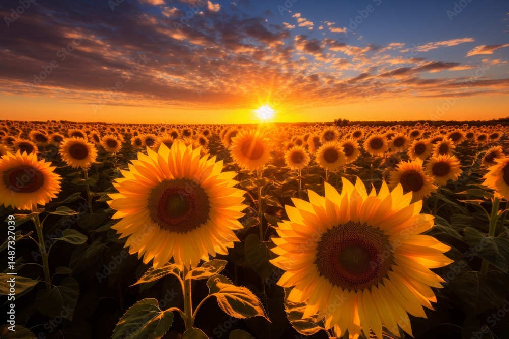 Fototapeta premium Crisp Sunrise Over a Vast Sunflower Field with Golden Blossoms and Bright Morning Light in a Scenic Rural Landscape