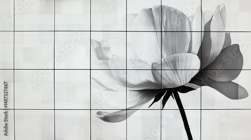 Black and white flower image with grid overlay on a light background.