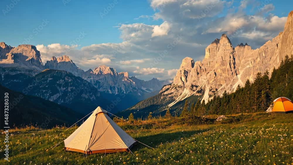 Mountain camping at golden hour with dramatic peaks, tent,scenic clouds, and wildflower meadow. Tranquil outdoor lifestyle moment perfect for travel, inspiration, and adventure themes. Mountain camping at golden hour with dramatic peaks, tent,scenic clouds, and wildflower meadow. Tranquil outdoor lifestyle moment perfect for travel, inspiration, and adventure themes.