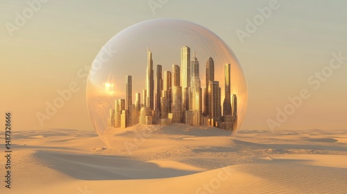 A futuristic metropolis shielded within a large glass sphere.