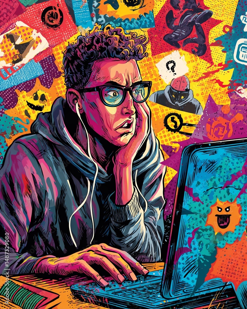Obraz premium Focused youth using laptop in colorful workspace. cybersecurity