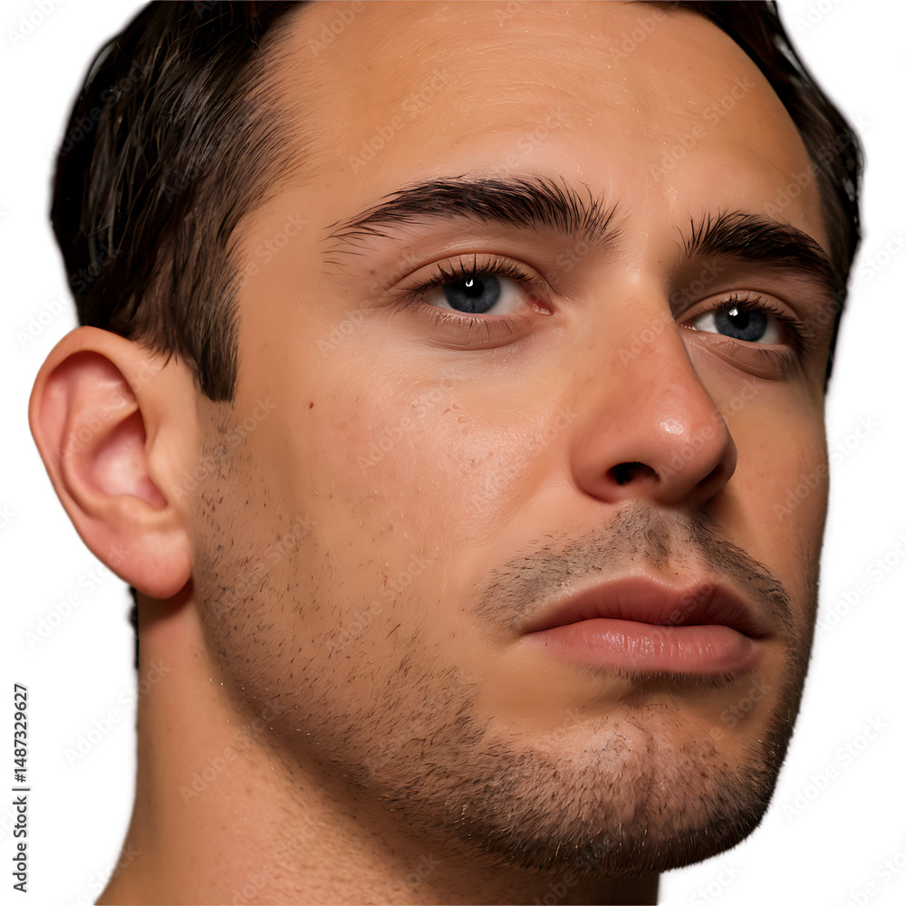 Obraz premium <Serious and Thoughtful Close-Up Portrait of Handsome Male Model with Strong Features and Textured Skin on White Background>