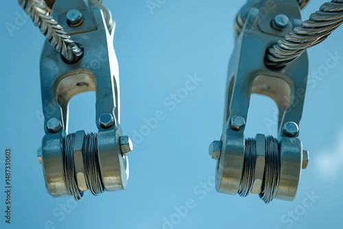 Close-up of strong steel cable loops and hooks against a bright blue sky with clouds. Industrial rigging and lifting equipment showing strength, durability, and precision engineering for heavy-duty us