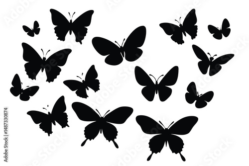 A group of silhouette butterflies are isolated against white, with varying shapes and sizes spread around